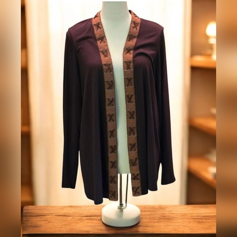 Krazy Kat Women XL Brown Open Cardigan Sweater Faux Leather Accent Trim Western